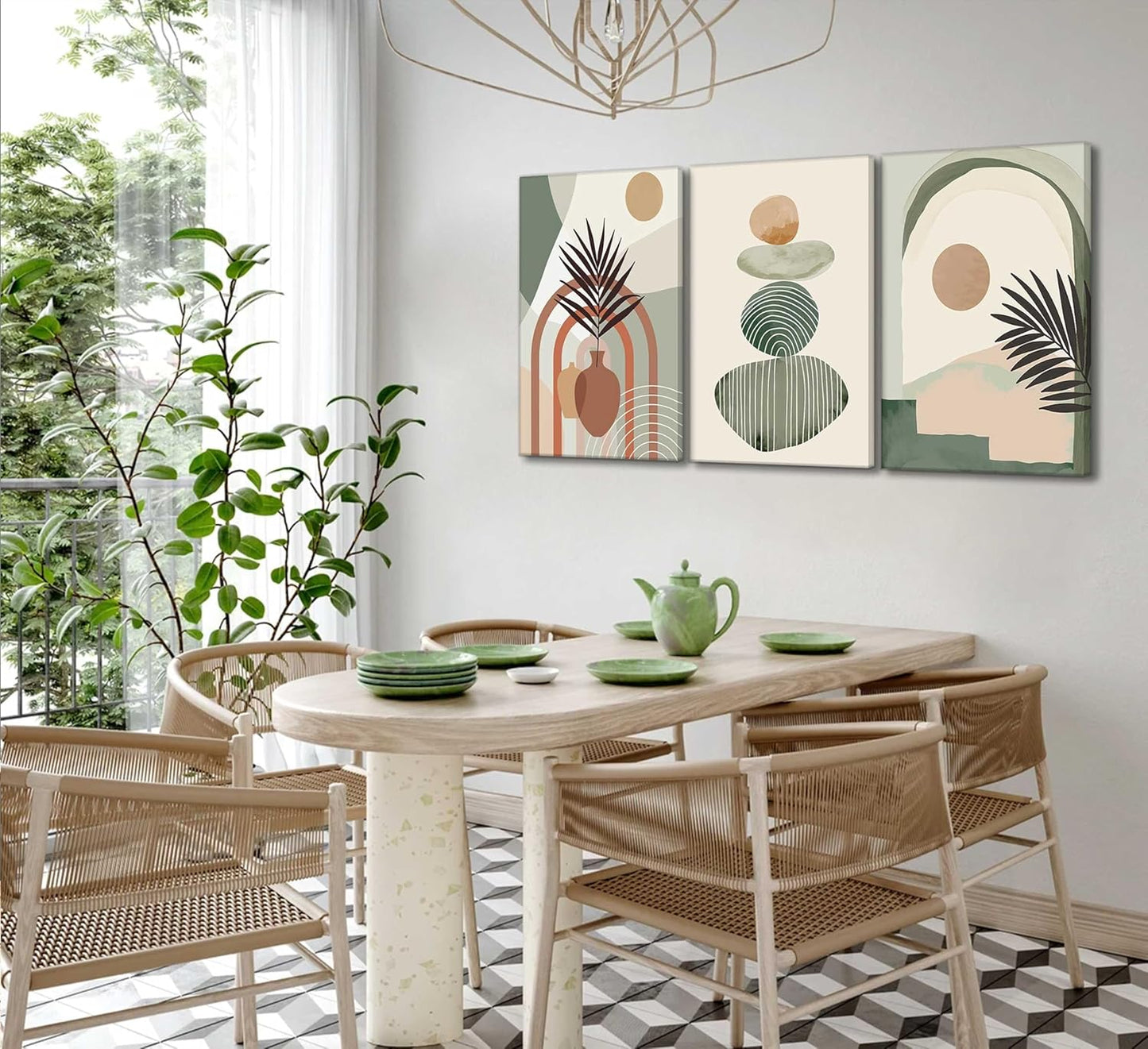 3 Pcs Mid Century Modern Boho Abstract Canvas Wall Art Neutral Green Bohemia Sun and Plant Pictures Wall Decor Posters Print Artwork for Living Room Bedroom Bathroom Office Home Decoration