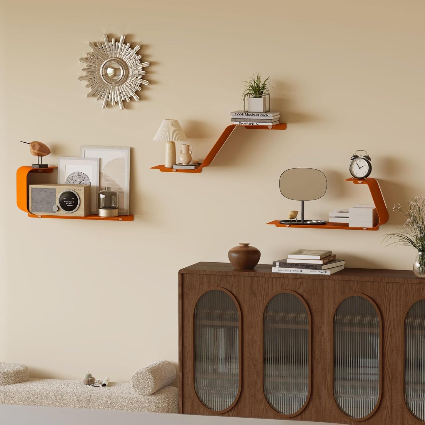 Floating Shelves, Wall Shelf, Set of 3 Wall Mounted Metal Shelves with Unique Design for Wall Storage, Book Shelf, Display Shelves for Bathroom Bedroom Kitchen Living Room for Home Orange