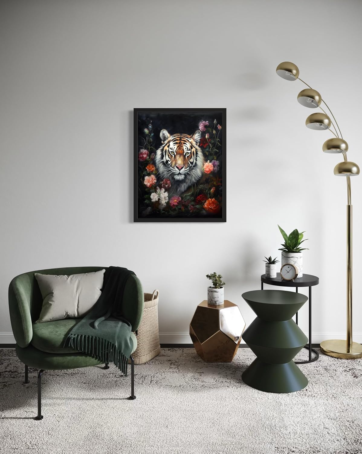 Tiger and Flower Poster Art Print, Halloween Scary Vintage Wall Art Academia Spooky Painting Decoration for Horror Prints, Gothic Posters Bedroom Decor 89 (Tiger and Flower, 11 x 14 inches, Black Frame)