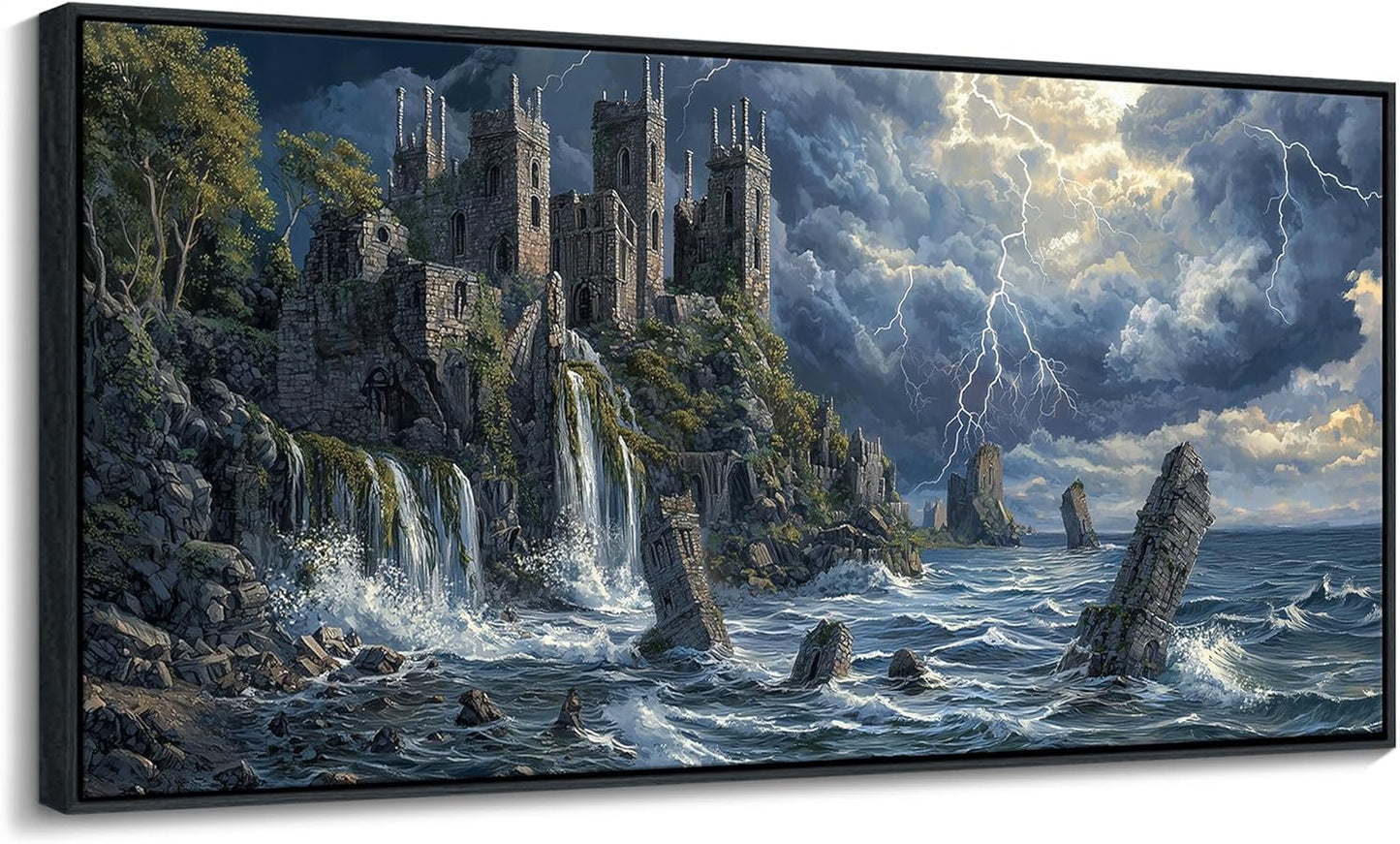 QZQCBLC Large Framed Wall Art - Retro Mystical Castle Landscape Sea Coastal Surface Lightning Realistic Paintings Artwork Picture for Living Room Bedroom Kitchen Home Wall Decor 29"X58"