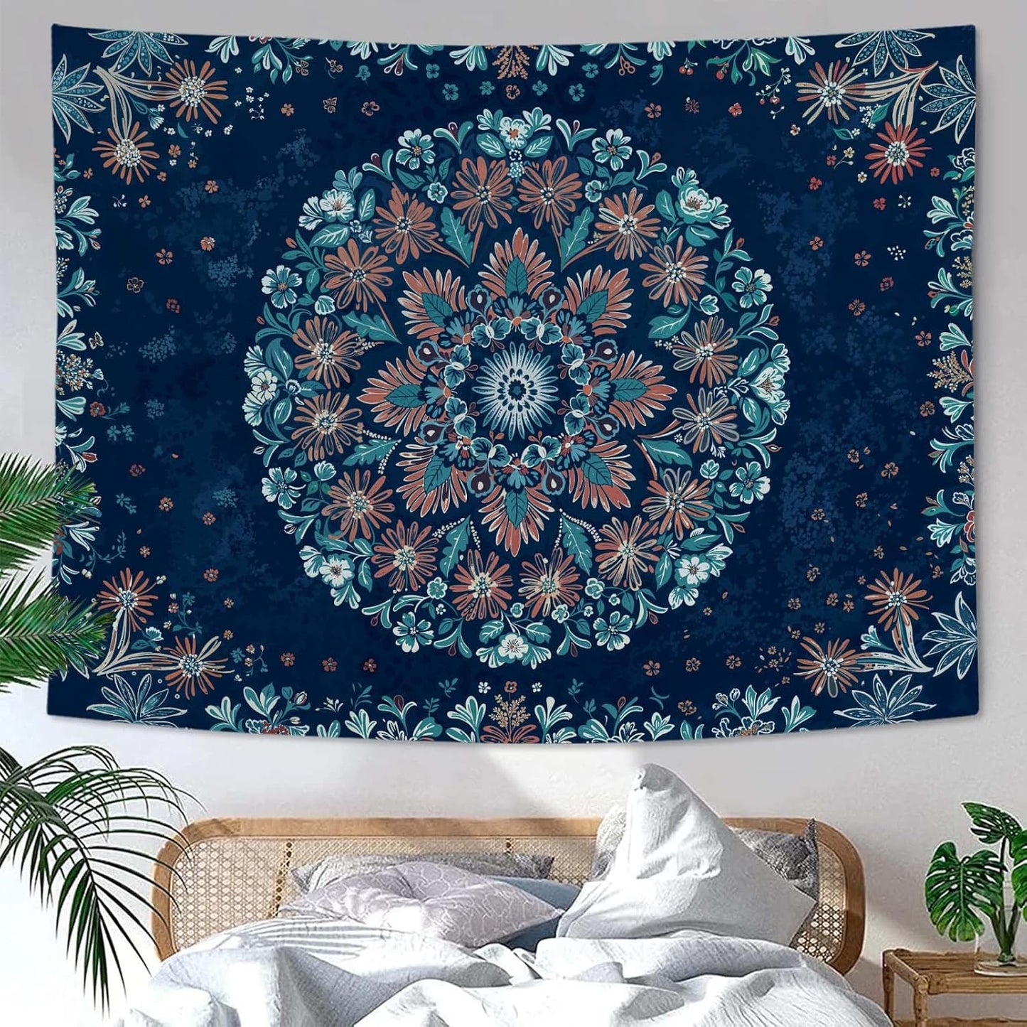 Fowocu Boho Floral Mandala Tapestry Wall Hanging Blue Bohemian Flower Medallion Tapestry Aesthetic Vintage Navy Hippie Indian Small Tapestries for Bedroom Living Room Dorm Decor 48 x 36 Inch