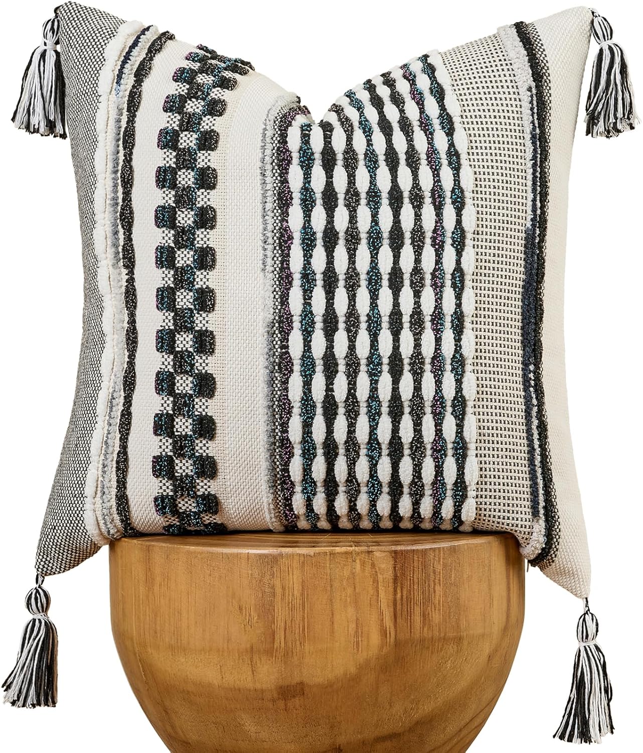 AmHoo Chenille Striped Textured Boho Throw Pillow Covers Aesthetic with Tassels Woven Decorative Pillow Case for Couch Bed Sofa Bedroom Modern Funky 18 x 18-Inch Black Multicolor