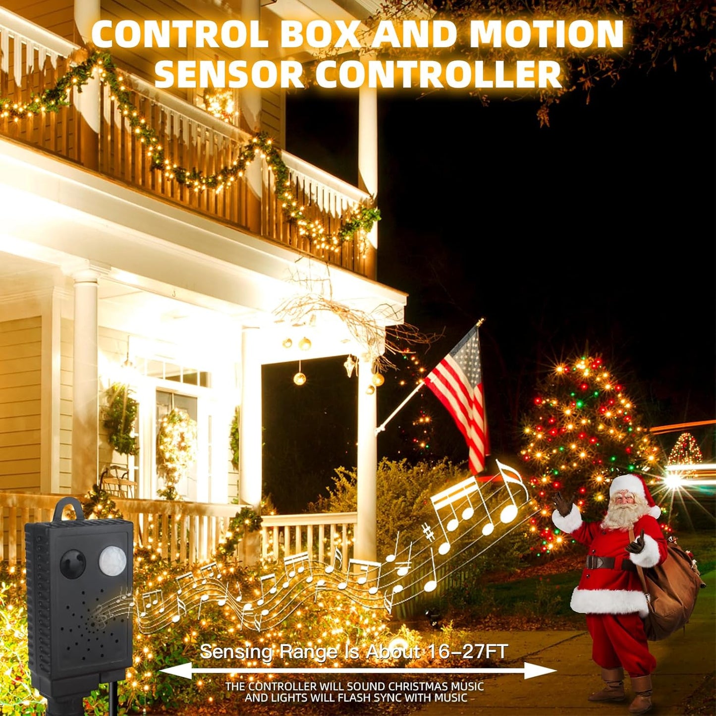 Music Motion Sensor Christmas String Lights 105ft 300 LED, Warm White Christmas Tree Light，End to End Plug In 6 Modes Christmas Lights, Waterproof for Indoor Outdoor Tree Party Yard Room Decor