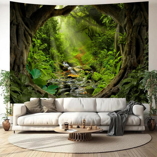 Misty Forest Tree Cave Tapestry Nature Green Tapestry Enchanted Rainforest Tropical Jungle Sunshine Flowing Stream Landscape Wall Tapestries for Living Room Bedroom Dorm Office (50" × 60")