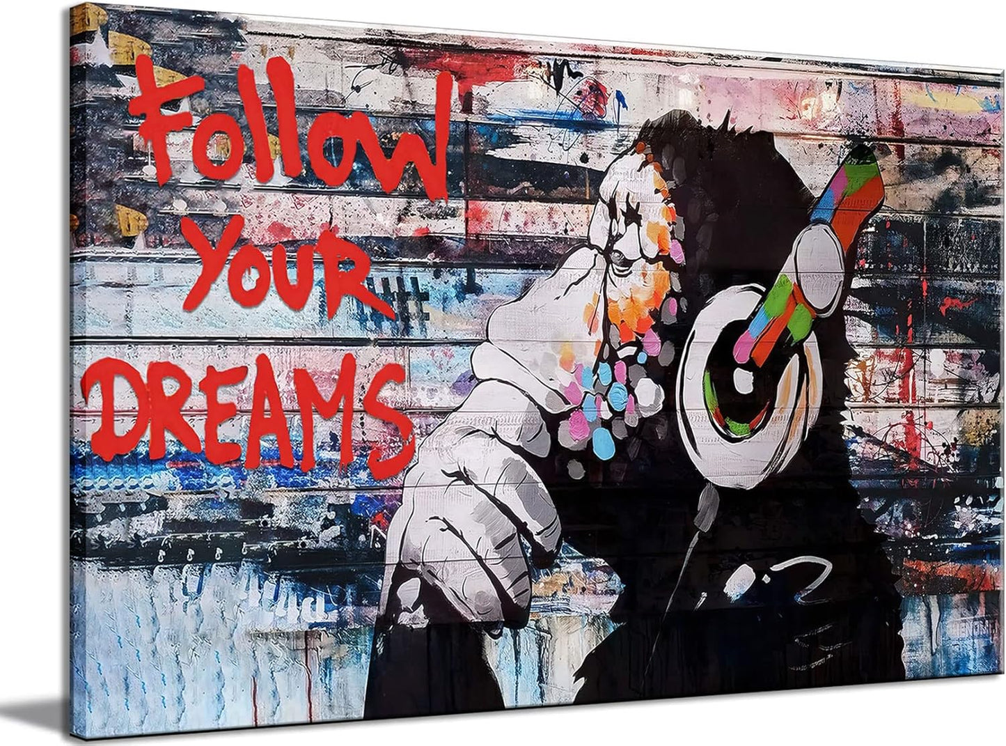 Framed Banksy Graffiti Canvas Wall Art Follow Your Dreams Monkey Poster With Headphones Prints Street Painting Picture Man Cave Wall Decor Pop Art for Living Room Bedroom Office 24" Wx36 H (60x90cm)