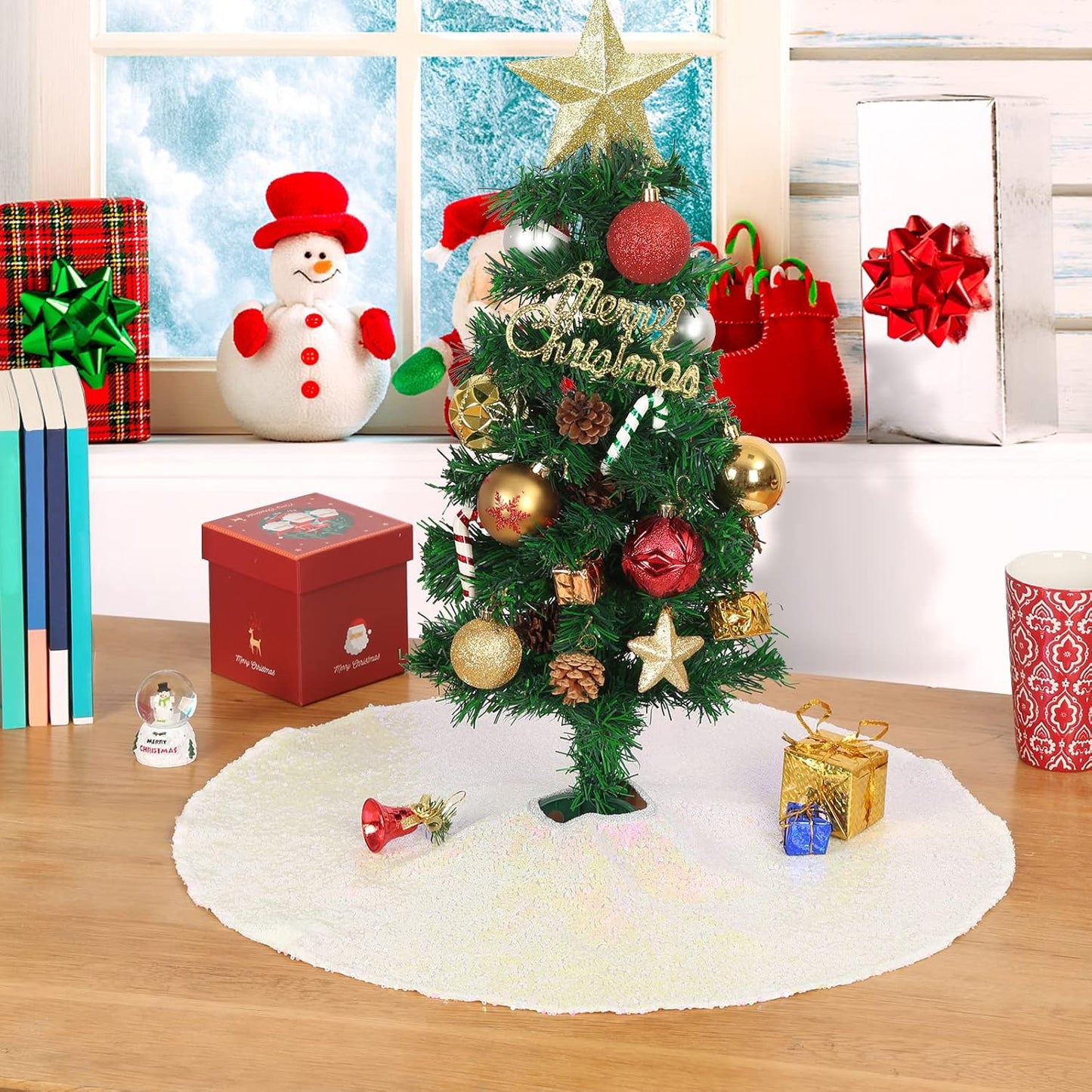 Mini Tree Skirt 24inch Iridescent White Christmas Tree Skirt Sequin Tree Skirt for Winter Holiday Party Christmas Decorations