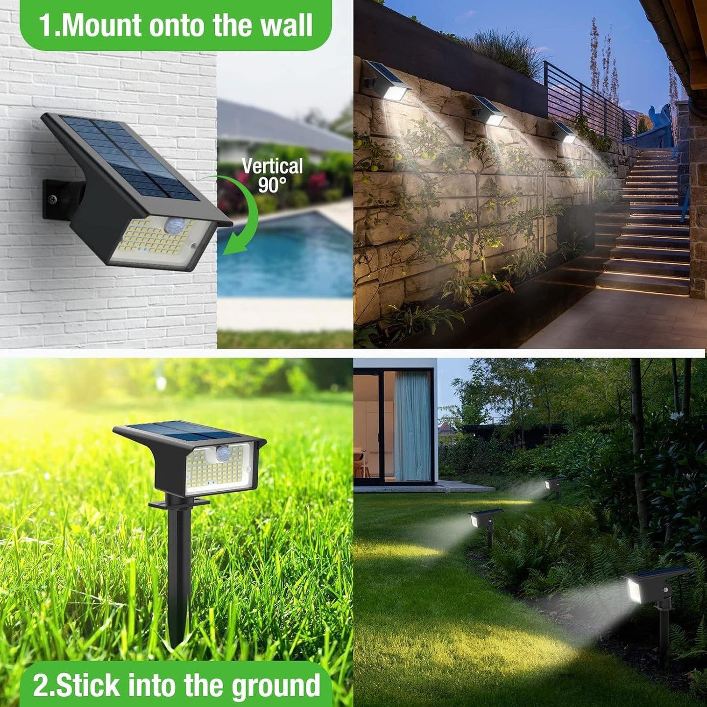 Nipify Solar Spot Lights Outdoor Motion Sensor, [2 Pack/62 LED]3 Modes Solar Landscape Spotlights Outdoor Waterproof, 2-in-1 Solar Lights Outdoor Pathway Lights for Yard Garden Wall Patio, Cool White