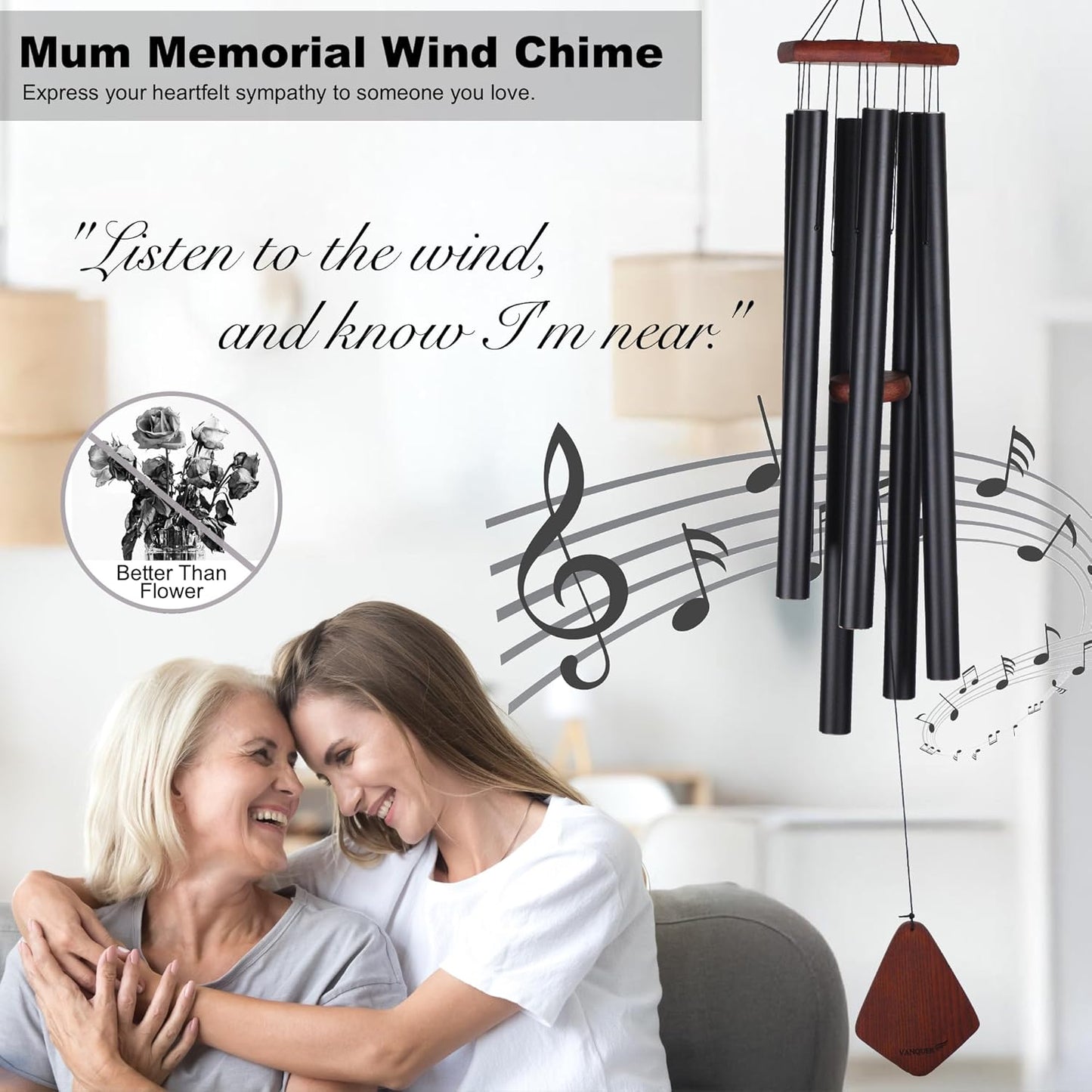 Vanquer Large Wind Chimes for Outside Deep Tone - 46'' Wind Chimes Outdoor Clearance, Windchimes Outdoors, Memorial, Sympathy Gift, Patio, Home Décor, Vintage Black (46" Ash Wood)