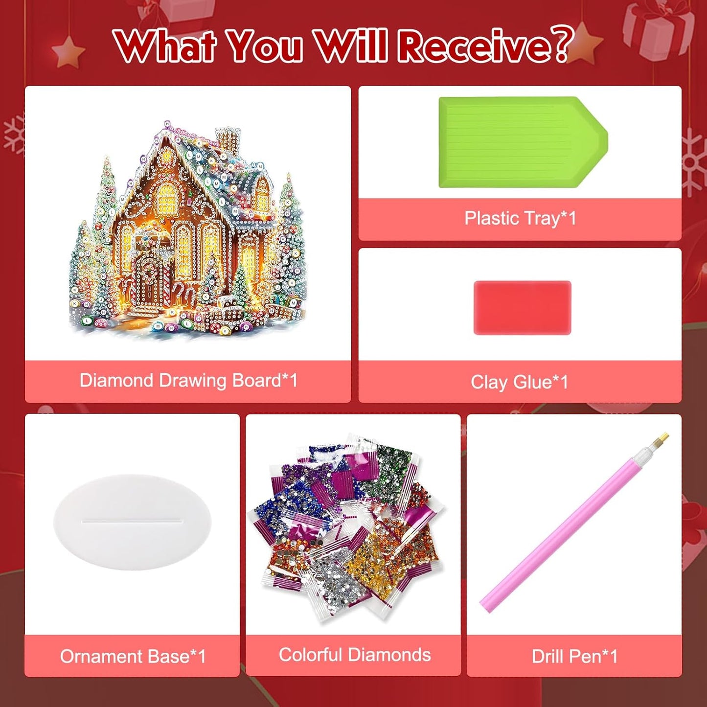 MEIYUDA Christmas Diamond Art Tabletop Kits, Christmas House Diamond Art Painting Desktop Ornaments for Adult, DIY Special Shaped Crystal Desk Placement Ornament for Home Office Decor Crafts Gift