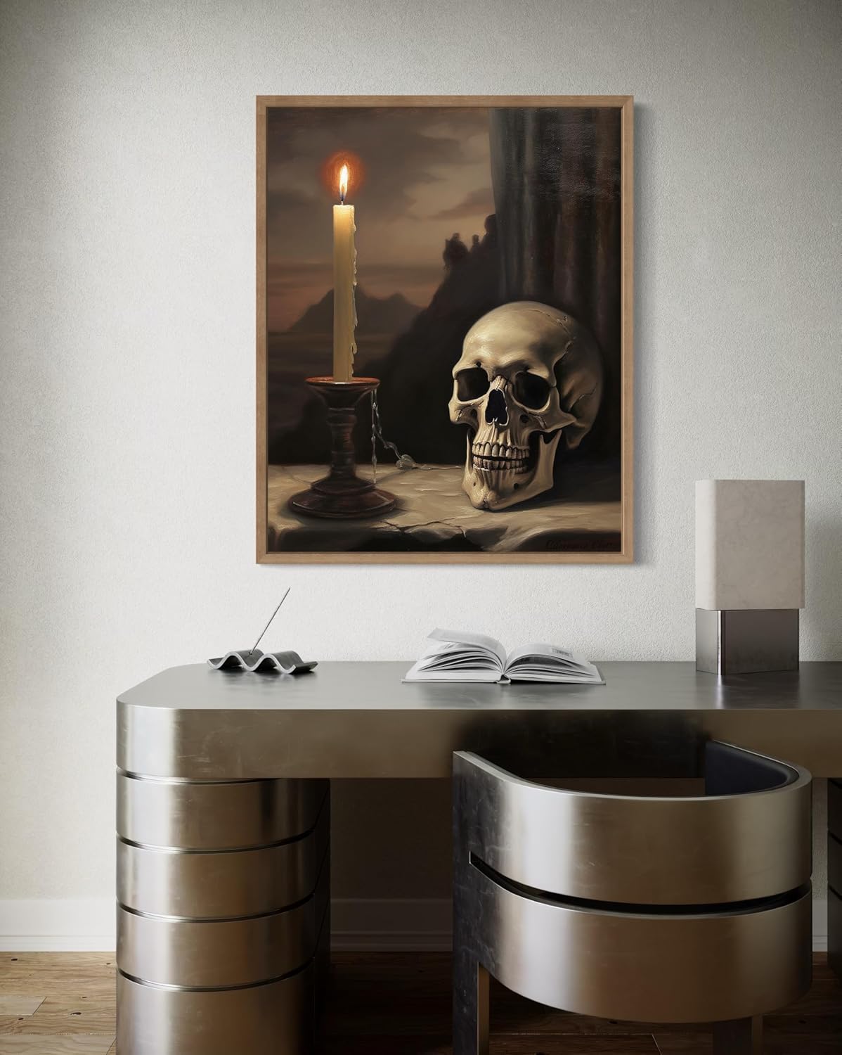 Skull and Candle Poster Art Print, Halloween Scary Vintage Wall Art Academia Spooky Painting Decoration for Horror Prints, Gothic Posters Bedroom Decor 89 (Skull and Candle, 11 x 14 inches, Wood Frame)