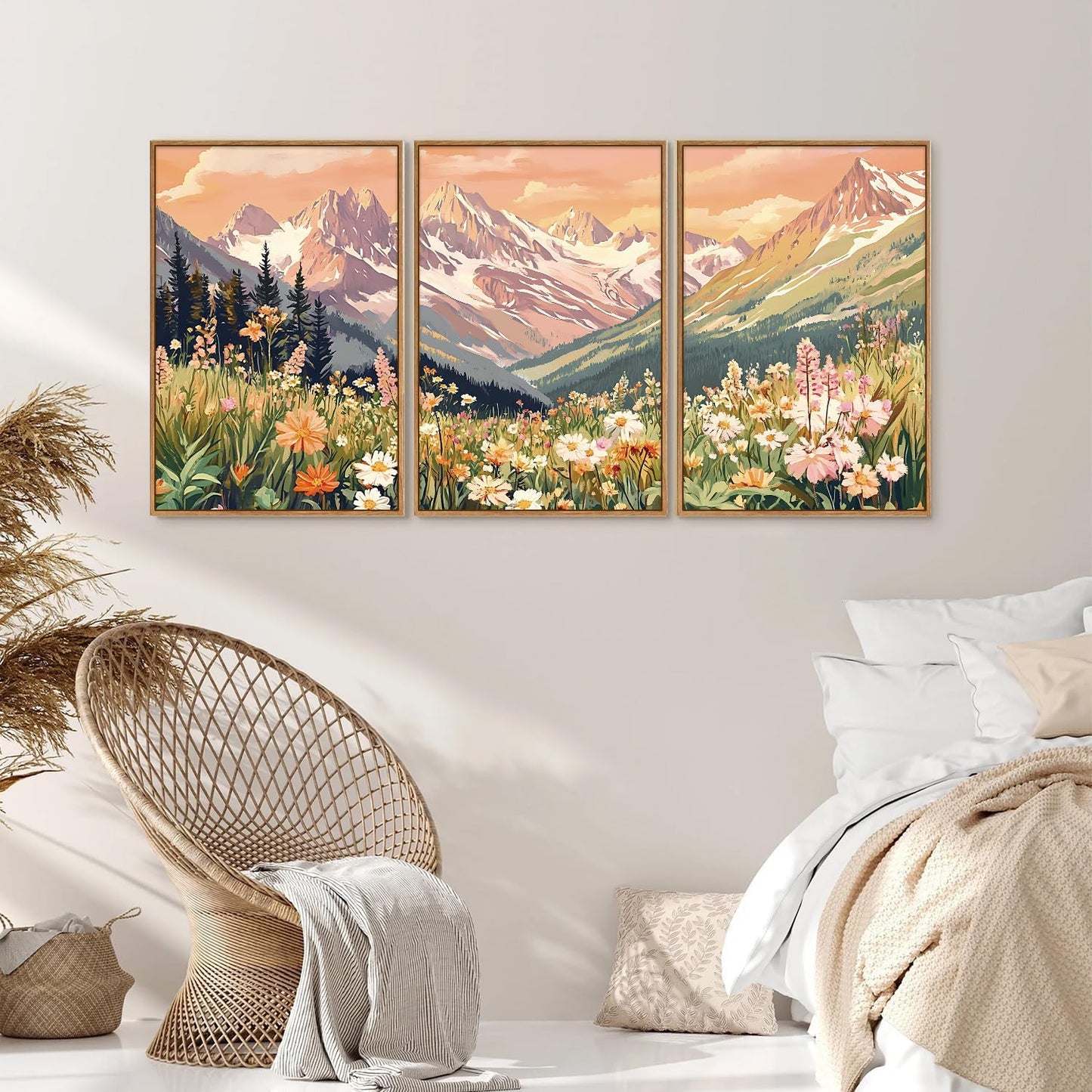 SIGNINART Vintage Floral Framed Canvas Wall Art Set, Large Mountains Nature Landscape Wall Decor, Bohemian Wildflower Forest Artwork, Pink Ridge Art Printing for Living Room Bedroom Office 16"x24"x3