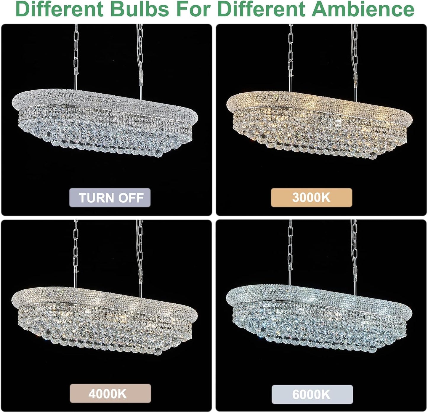 Rectangular Crystal Chandeliers for Dining Room,10 Lights Adjustable Height Oval Crystal Ceiling Light Fixture for Kitchen Island, Chrome Finish, L36''