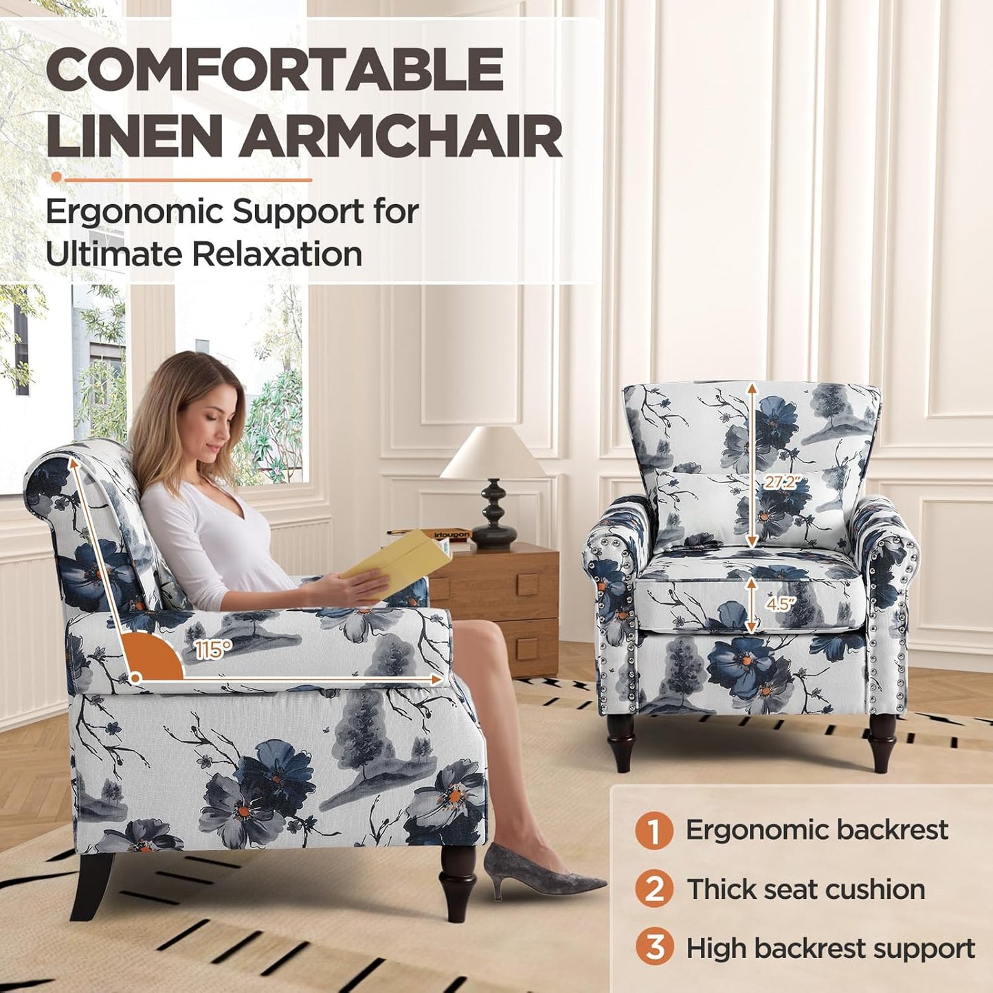 Wingback Accent Chair with Removable Pillow, High Back Floral Armchair with Solid Wood Legs & Nailhead Trim, Comfy Upholstered Reading Single Sofa Chair for Bedroom (1, Ink Blue Pattern)