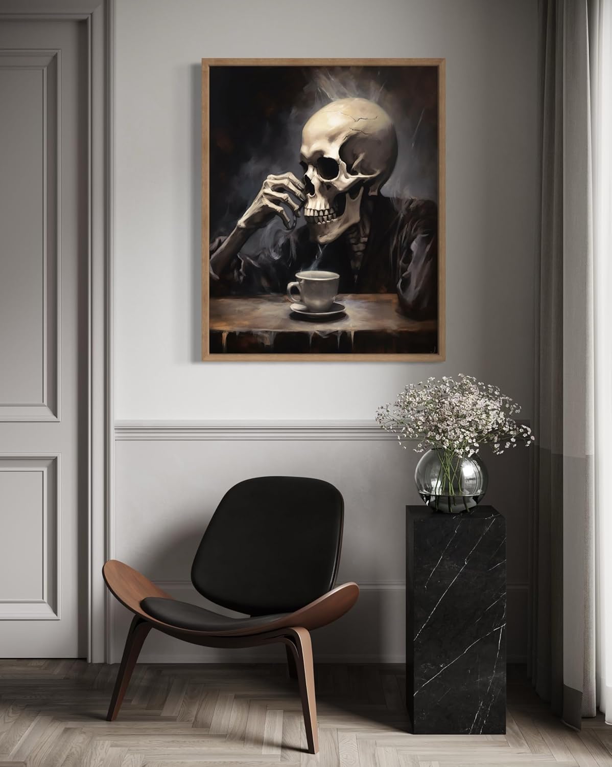 Skull Drinking Coffee Poster Art Print, Halloween Scary Vintage Wall Art Academia Spooky Painting Decoration for Horror Prints, Gothic Posters Bedroom Decor 89 (Skull Drinking Coffee, 11 x 14 inches, Wood Frame)