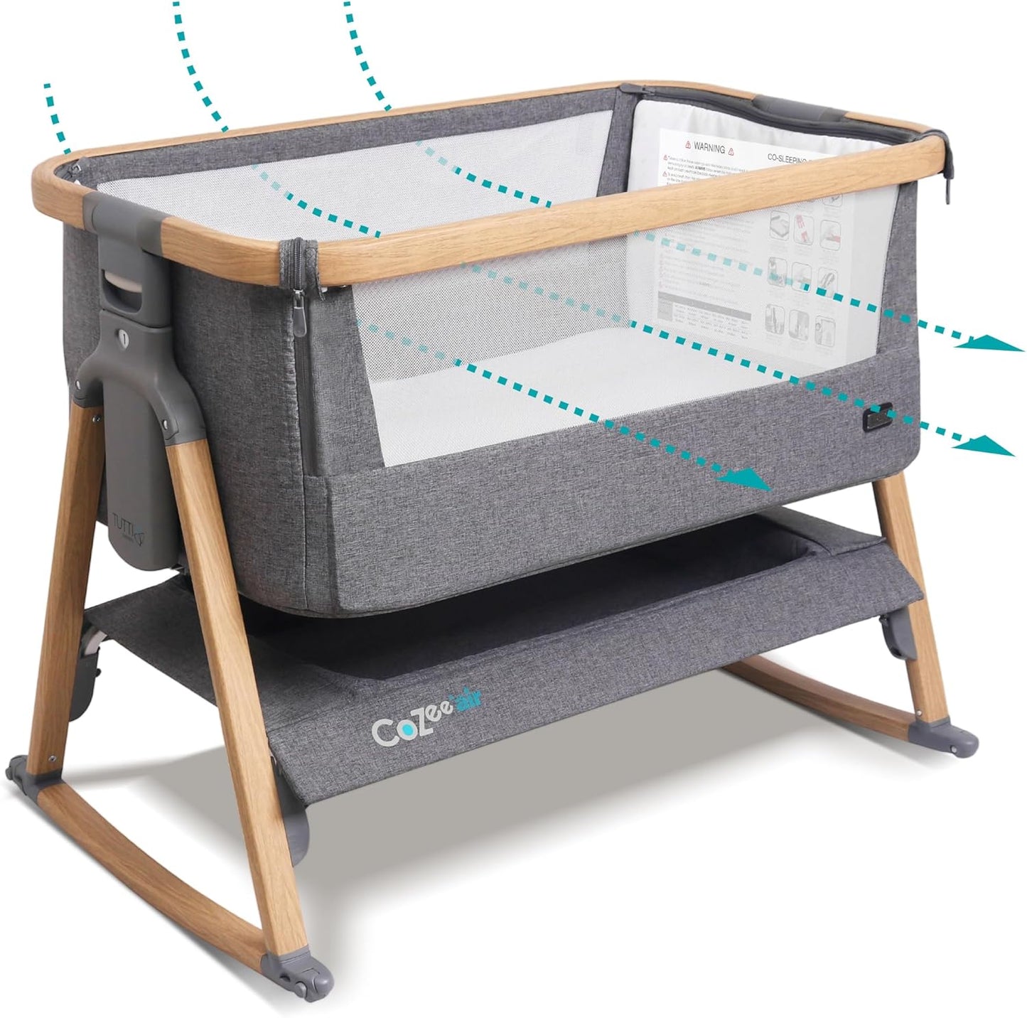 CoZee® Air Baby Bassinet & Bedside Sleeper - Rocking Bassinet for Baby, Fast-Folding with Travel Bag, Deluxe Airflow Mattress & 6 Mattress Heights, 0-6 Months (Oak & Charcoal)