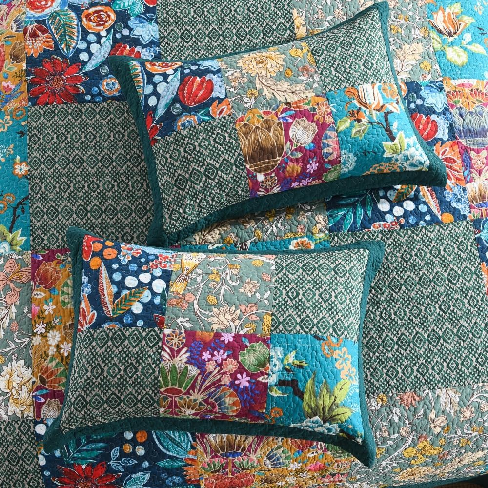 Autumn Dream Cotton Bedspread Quilt Sets Reversible Bedding Coverlet Sets Comforter, Vintage Floral Patchwork Turquoise Bedspread, Queen Size