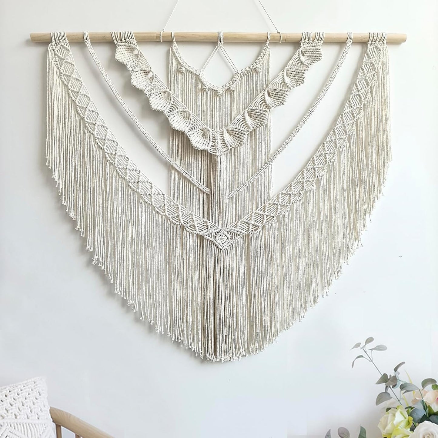 Achart Macrame Wall Hanging Large- Boho Wall Decor- large wall art- Wall Decor Living Room- Macrame Tapestry Boho Decor for Bedroom (Beige-Shells)