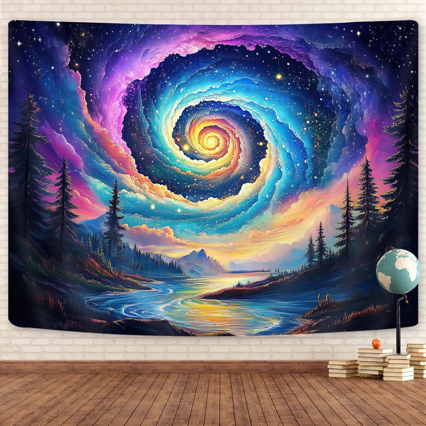 Galaxy Space Tapestry, Cool Colorful Trippy Forest Mountain River Aesthetic Tapestries, Psychedelic Starry Sky Swirls Misty Fantasy Landscape Tapestry Wall Hanging College Bedroom for Guys Men 60X40