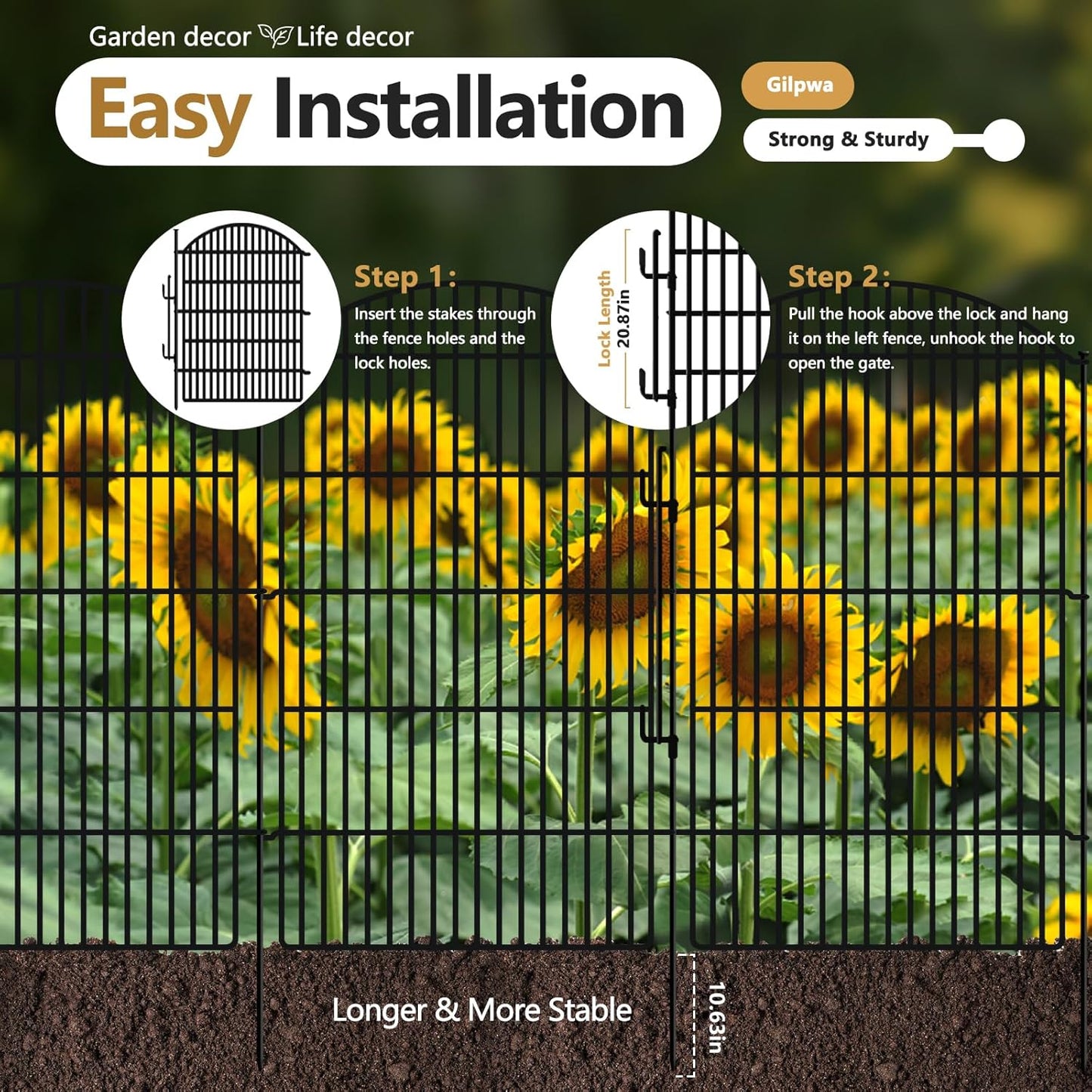10 Panels Decorative Garden Fence with Lock, 48in (H) x 24ft (L) No Dig Dog Animal Barrier for Outdoor Yard, Rustproof Ground Stakes Metal Fencing for Yard, Patio, Flower Bed