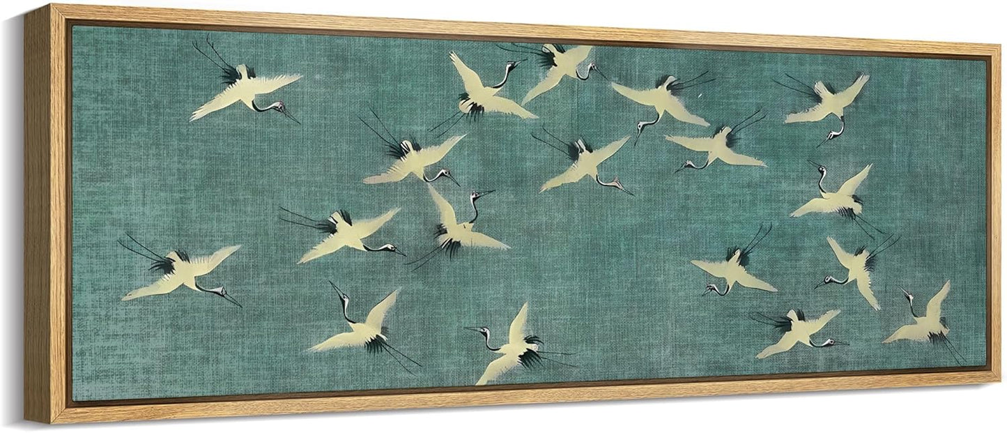 MUDECOR Large Framed Canvas Print Wall Art Serene Skies White Birds in Flight on Teal Antique Retro Fine Art Illustrations Decorative Colorful for Bedroom - 60"x20"