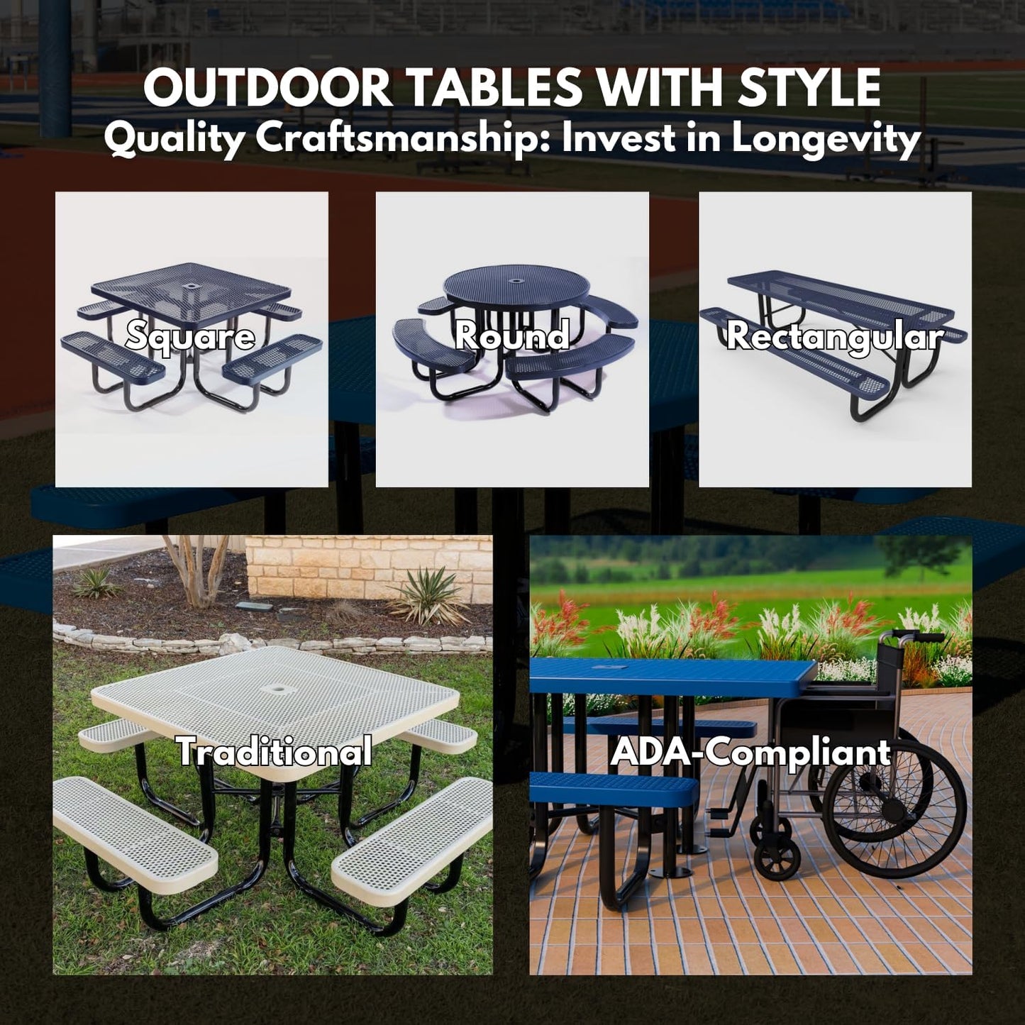 Heavy-Duty Portable Outdoor Picnic Table with Umbrella Hole, Punched Steel Commercial-Grade Patio Dining Furniture Made in America (46" Round Top, Textured Black)