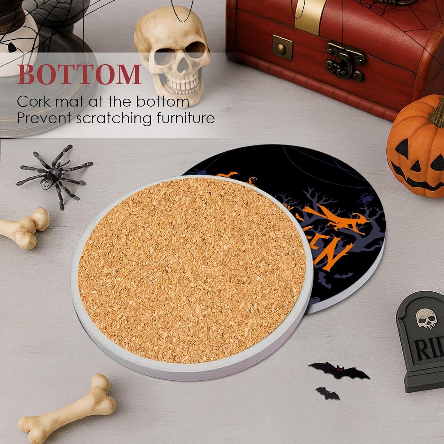 Coaster for Drinks Set of 6, Happy Halloween Orange and Black Trick or Treat Absorbent Round Ceramic Stone Mat, with Cork Base and Metal Holder, Gift for Housewarming Room Bar Decor