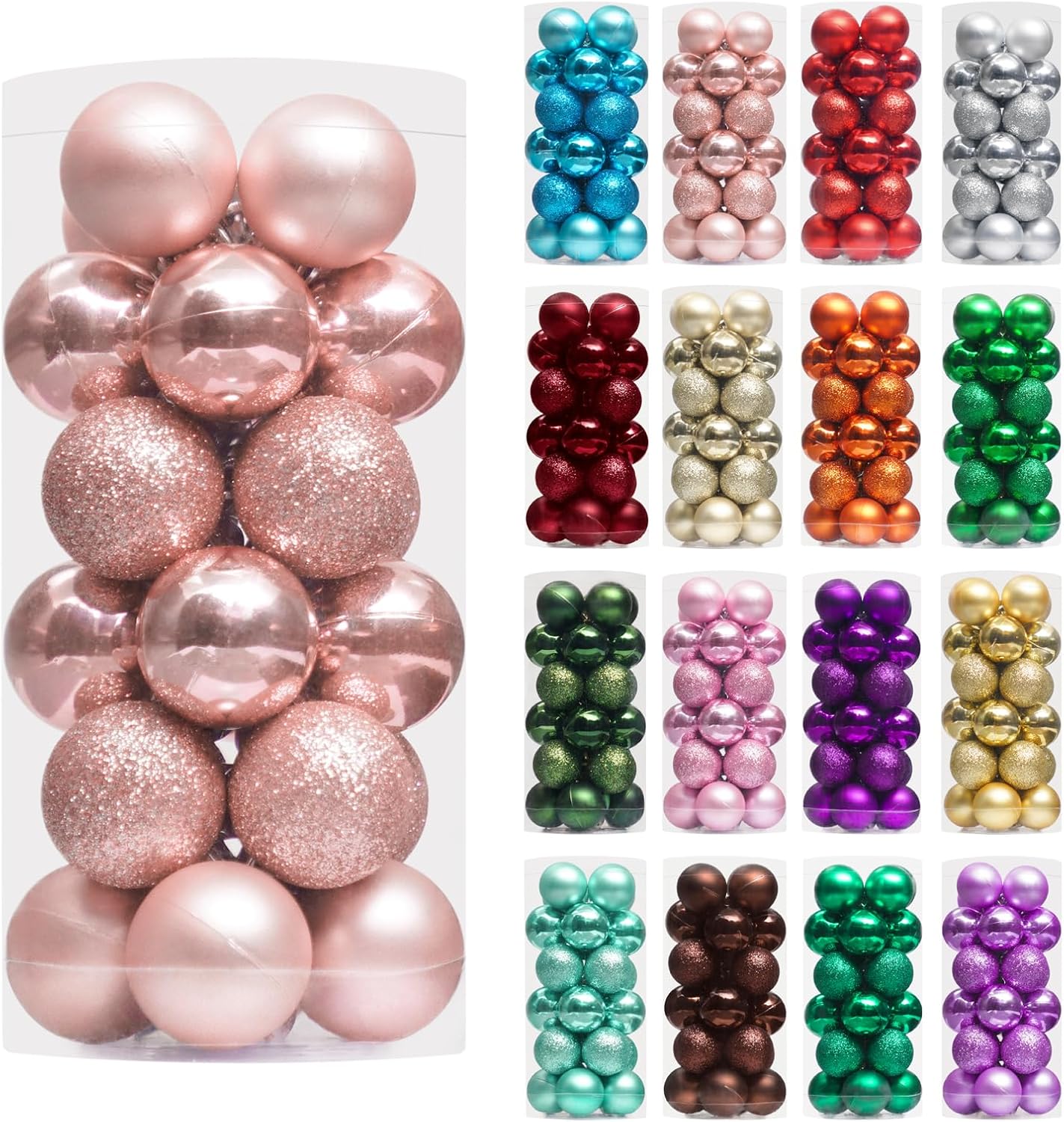 XmasExp 24ct Mini Christmas Ball Ornaments Shatterproof Christmas Ornaments Set Decorations for Xmas Tree Balls 30mm/1.18" (Rose Gold)
