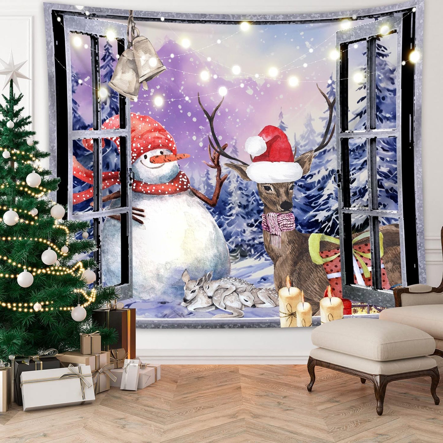 QGHOT Christmas Window Tapestry Wall Hanging Christmas Backdrop Winter Window Wall Decor Xmas Snowman Deer Tapestries for Bedroom Living Room Dorm Holiday Party Decoration, Extra Large