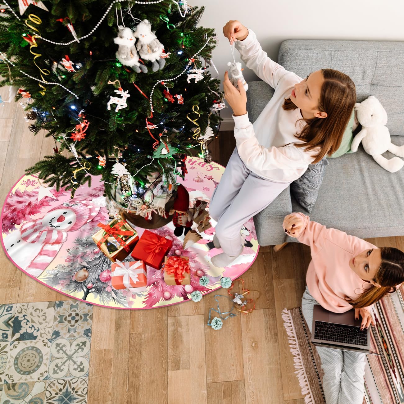 Pink Christmas Tree Skirt 48 Inch Pink Christmas Decorations Merry Christmas Santa Snowman Tree Skirt Mat Christmas Tree Decorations for Xmas Holiday Party Indoor Outdoor