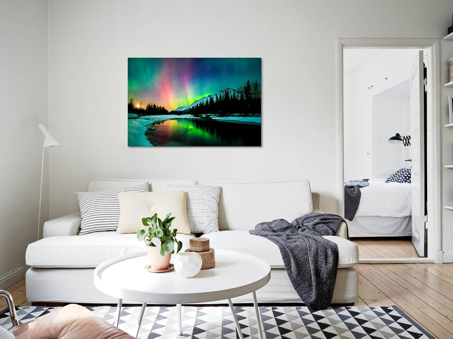 Aurora Borealis Canvas Wall Art Northern Lights Canvas Print Painting for Living Room Snowy-Mountains-Landscape Poster Picture Wooden Framed Prints Ready to Hang(12.00"x16.00")