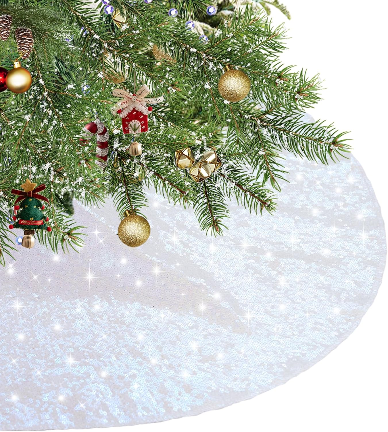 Eternal Beauty Christmas Tree Skirt, 50 Inch White Iridescent Sequin Tree Skirt Small Xmas Tree Skirt for Christmas Tree Decorations