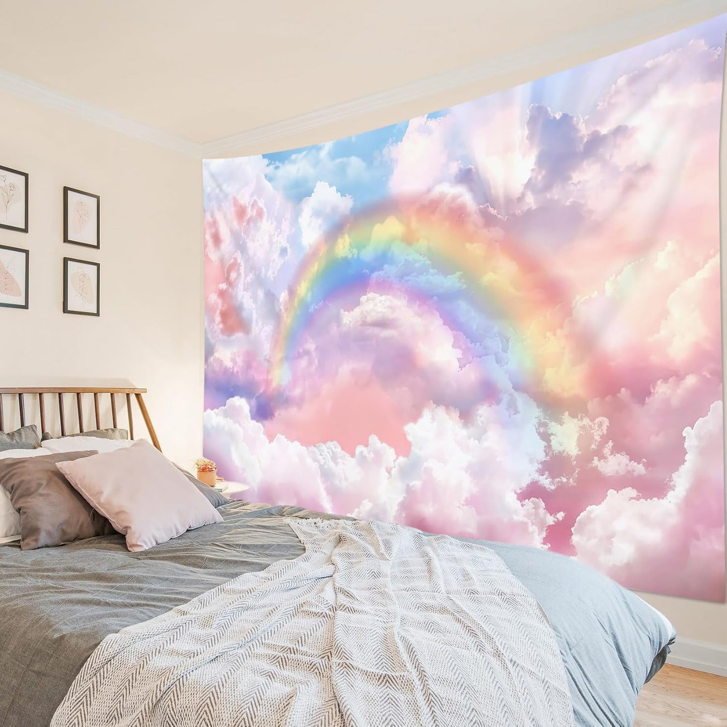 HVEST Rainbow Cloud Tapestry Wall Hanging, Rainbow and Pink Cloud with Glow Sunshine in Pastel Sky Tapestry, Aesthetic Nature Landscape Tapestry for Living Room Bedroom Aesthetic Decor, 36L x 48W Inches