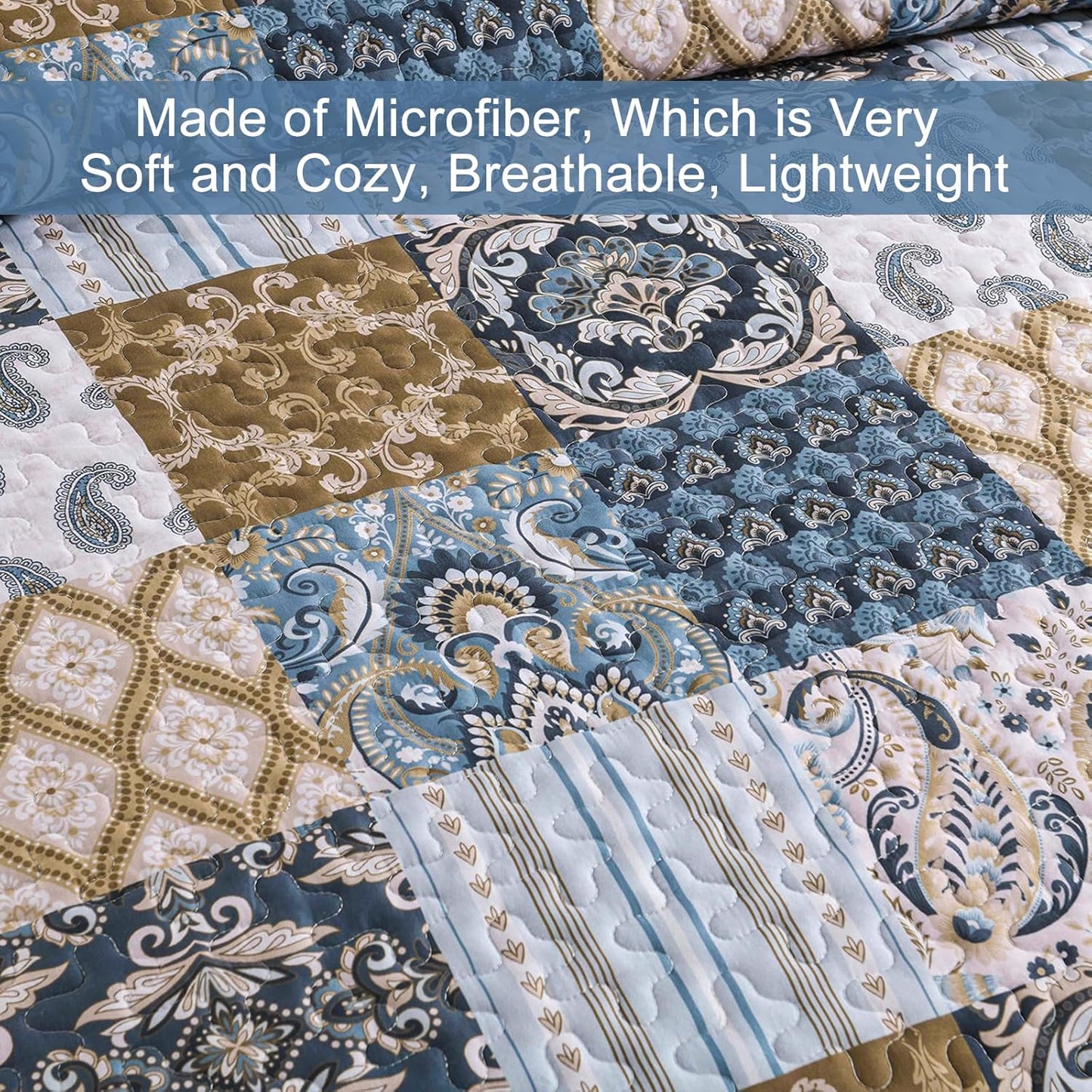 WONGS BEDDING Boho Quilt Set King Size, Blue Patchwork Plaid Bedspread Bedding Sets Paisley Soft Microfiber Quilts for King Bed 3 Pieces Coverlet Set for All Season (104"x90")