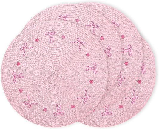 Whaline 4Pcs Round Placemats Pink Bow Embroidered Place Mats Coquette Bow Dinner Table Mats for Home Wedding Baby Shower Birthday Party Decor