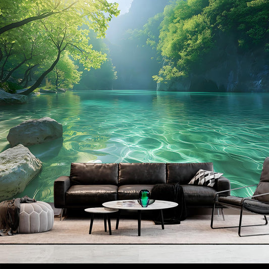 BSFHH Nature Tapestry Forest Tree Sea Cave Wall Hanging, Stream Through Rainforest Landscape Wall Art Tapestry for Bedroom Living room (Lake View, 59" × 51", Unframed)