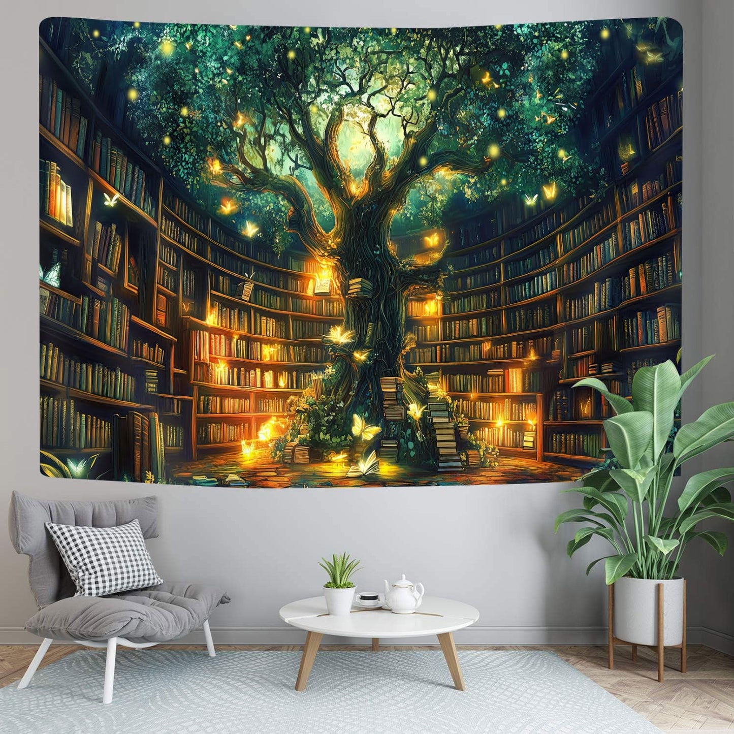 Fantasy Library Tapestry, Fairytale Tree Magic Bookshelf Aesthetic Tapestries for Classroom, Witchy Fairy Tree Mysterious Vintage Bookshelf Book Art Tapestry Wall Hanging College Room Bedroom, 80"X60"