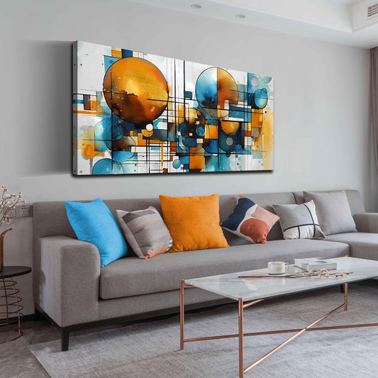 ENTANUB Abstract Canvas Wall Art for Living Room, Circle Wall Decor for Bedroom, Orange and Blue Canvas Print Paintings Artwork, Size 24x48 Inches