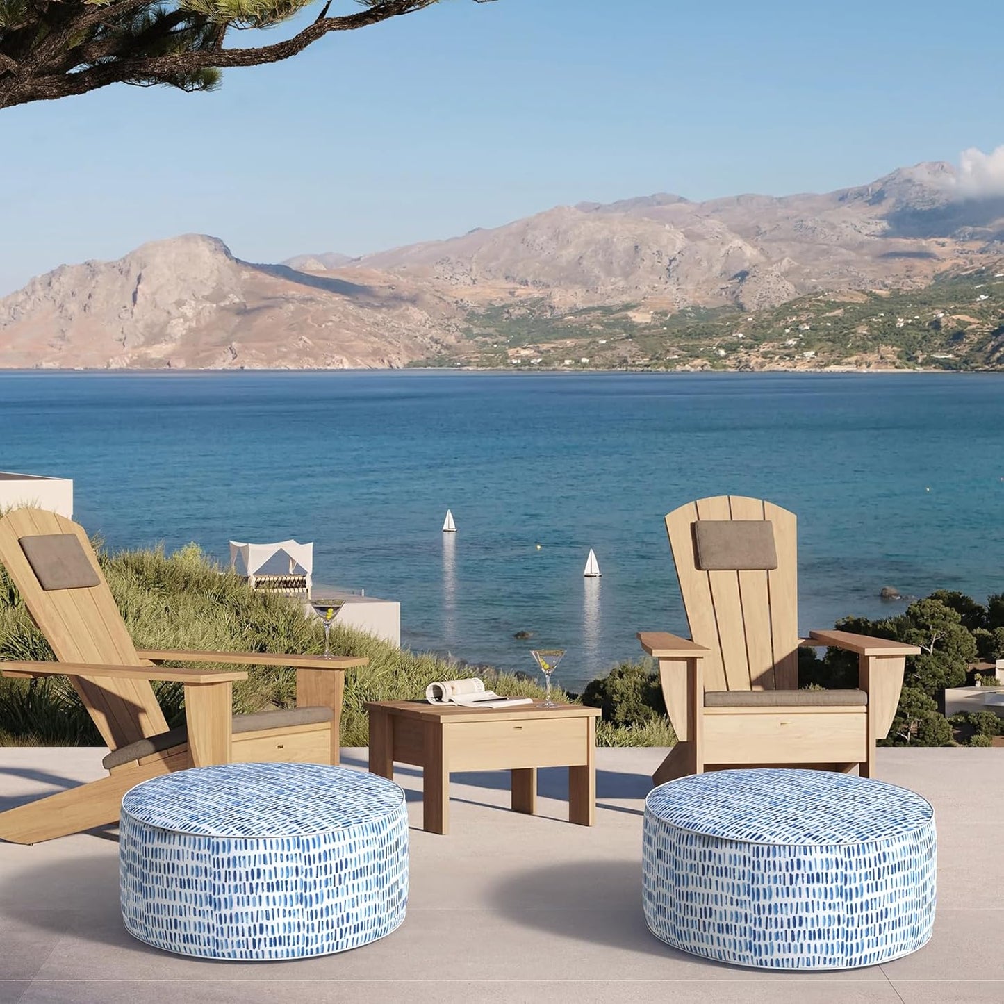 Inflatable Ottoman Stool D21 xH9 for Outdoor/Indoor Use, Water Repellent Patio Foot Rest Stool with Portable Handle,Round Pouf Ottoman Suitable for Garden,Deck and Camping - Pebble Blue