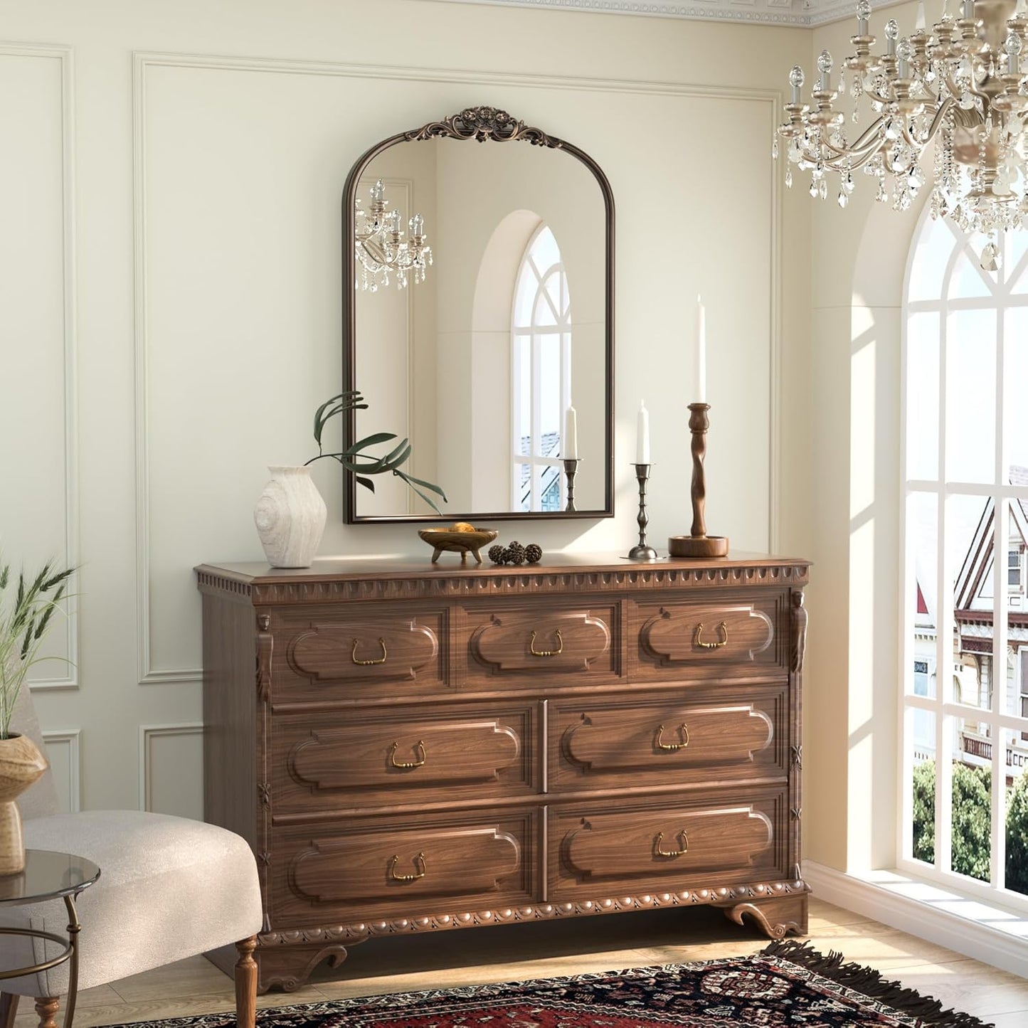 Keonjinn Vintage Mirror for Wall, 24" x 36" Bronze Antique Mirrors with Metal Frame, Baroque Style Decoration for Mantle, Bathroom, Living Room, Fireplace, Bedroom, French Cleat Mounting