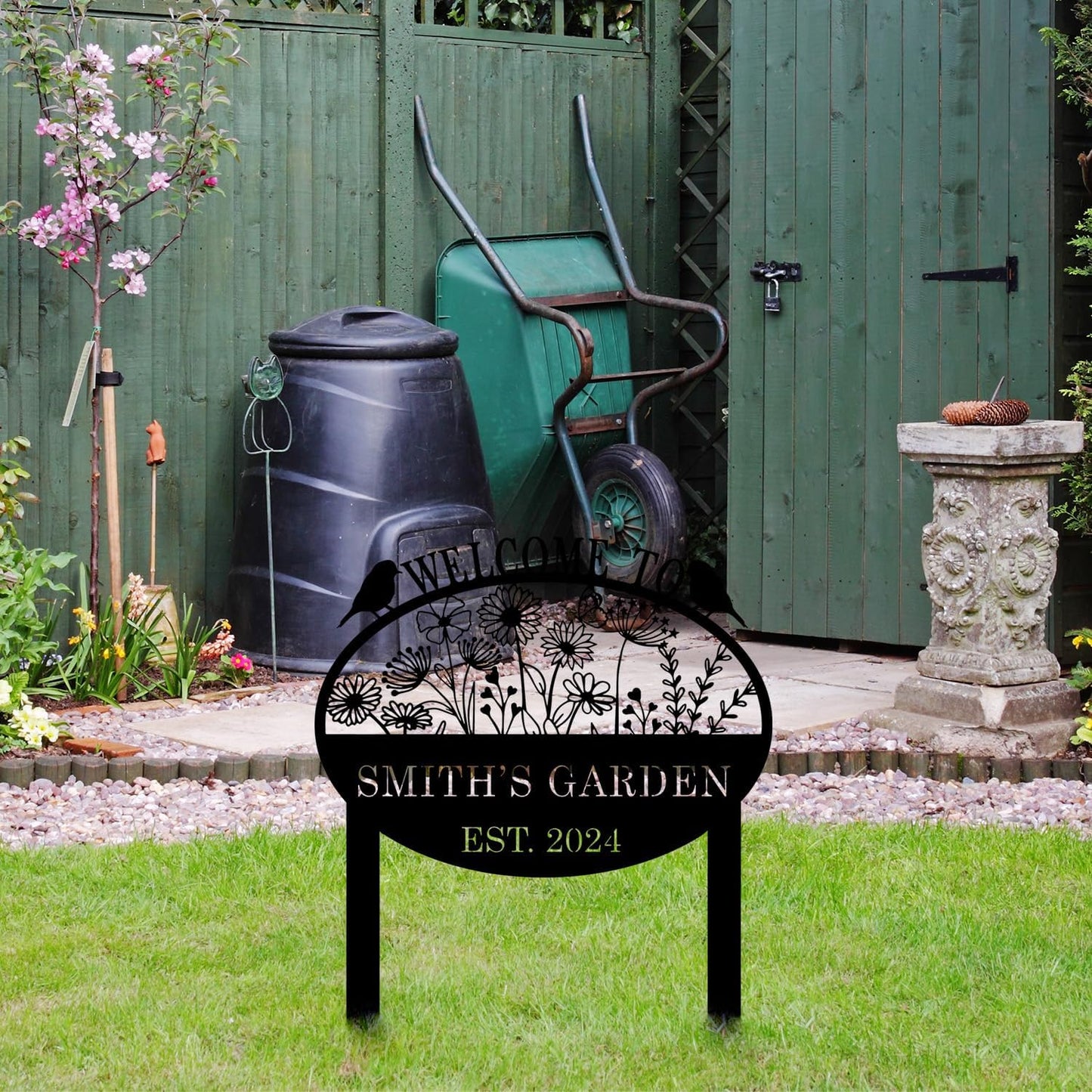 Custom Metal Flower Sign with Stakes - Personalized Garden Decor, Housewarming Gift - Large Yard Sign Plaque