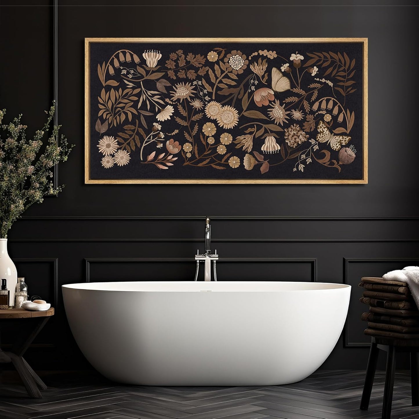 MUDECOR Extra Large Framed Canvas Print Wall Art Botanical Elegance Dark Floral Illustrations Antique Retro Fine Art Illustrations Decorative Colorful for Bedroom - 60"x30"