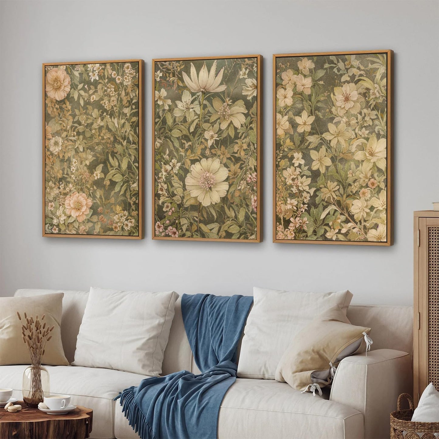 SIGNINART Vintage Floral Framed Canvas Wall Art Set of 3, Mid Century Modern Wildflower Wall Decor, Neutral Botanical Artwork, Retro Plant Art Prints for Bedroom, Living Room, Office 16"x24"
