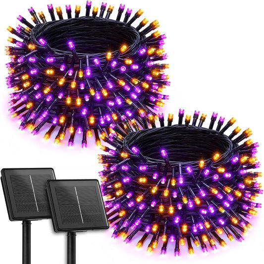 Brightown 2 Pack Halloween Solar String Lights Outdoor, Total 144Ft 400 LED Twinkle Fairy Lights Waterproof with 8 Modes Auto On/Off for Patio Tree Garden Party Home Decorations (Orange&Purple)