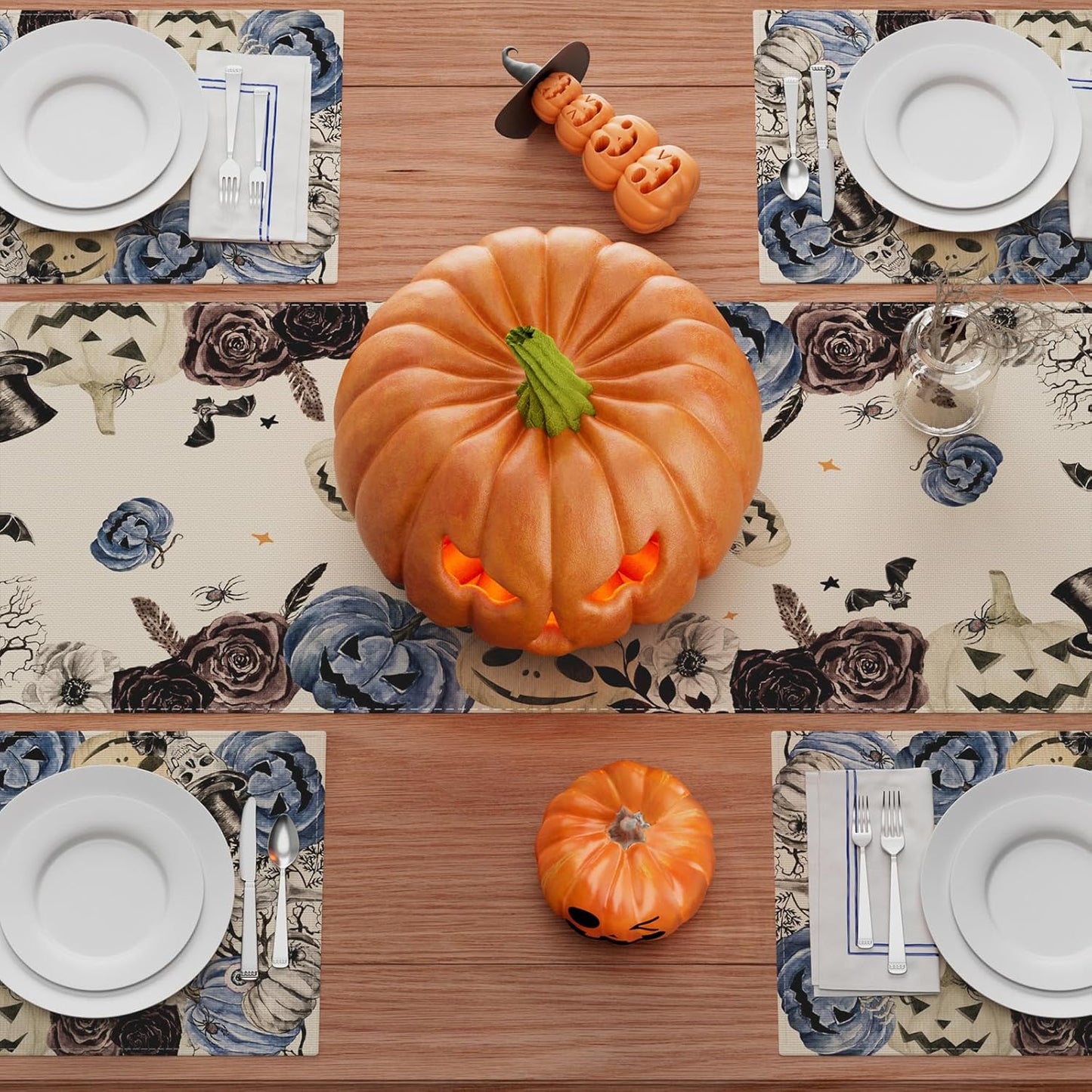 XCHI Spooky Blue Pumpkin Halloween Table Runner Party Table Decoration for Home Kitchen Dining Holiday Decor 13x108 Inch