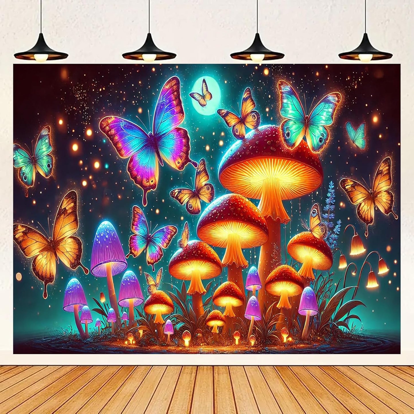 BlissYard Glowing Butterflies Mushroom Forest UV Black Light Tapestry 78x59 Inches Art Color Neon Light Background Bedroom Living Room Wall Party Decoration Fantasy Fungi Insect Magic Garden Scene