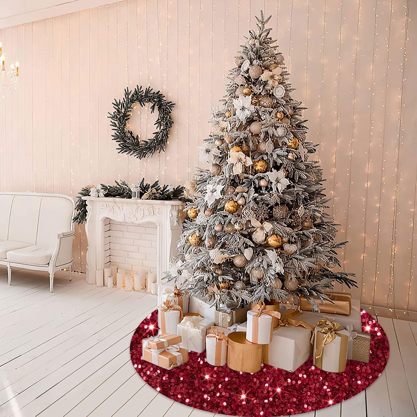 MODFUNS Burgundy Merry Christmas Tree Skirt 21 Inch Sequins Christmas Tree Cover Round Small Xmas Tree Skirt Classic Glittery Tree Base Carpet for Christmas Halloween Birthday Party Banquet Decoration