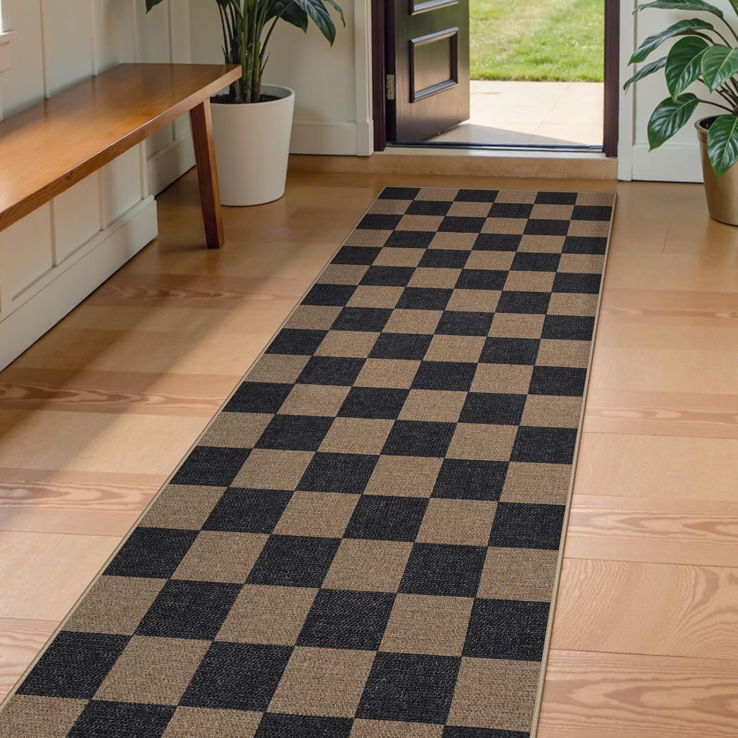 Lahome Checkered Easy Jute 2x8 Runner Rug, Washable Kitchen Runner Rug Non Slip for Entryway Indoor, Checkerboard Black Indoor Outdoor Carpet for Hallway 8ft Entry Laundry Porch
