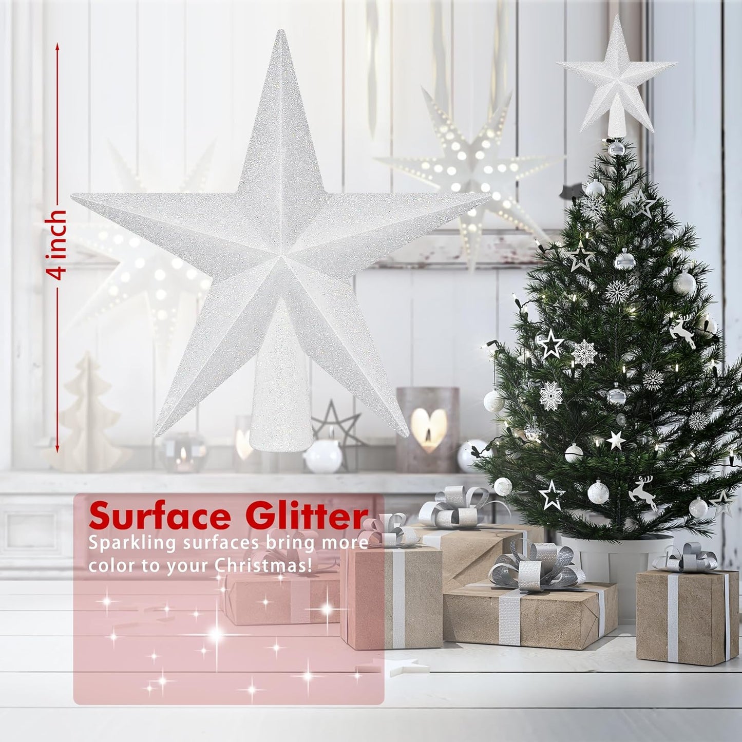 Christmas Tree Topper, 1PCS 4" White Glitter Star Tree Topper, 3D Xmas Shatter-Proof Mini Bethlehem Star Tree Topper Decorations, Waterproof Christmas Decor for Holiday Home Outdoor Ornament