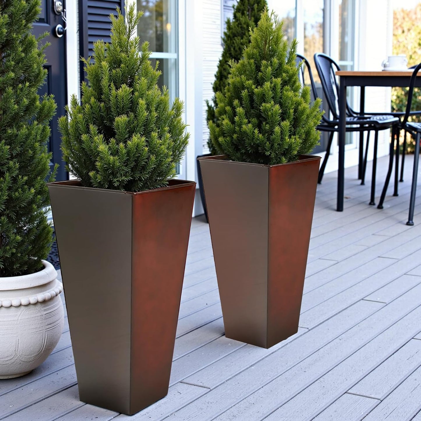 WORTH Garden Large Metal Glazed Planter Set of 2 (25" + 28"), Luxurious Glossy Finish Red Tall Square Tapered Steel Plant Pot, Decor Flower Pot Indoor & Outdoor, Drainage Hole & Dual-Purpose Saucer