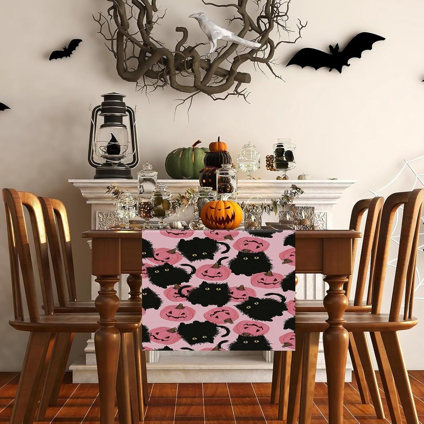 Halloween Table Runner Pink Halloween Decor Black Cat Pumpkins Seasonal Kitchen Dining Table Home Party Decorations 13x72 Inch